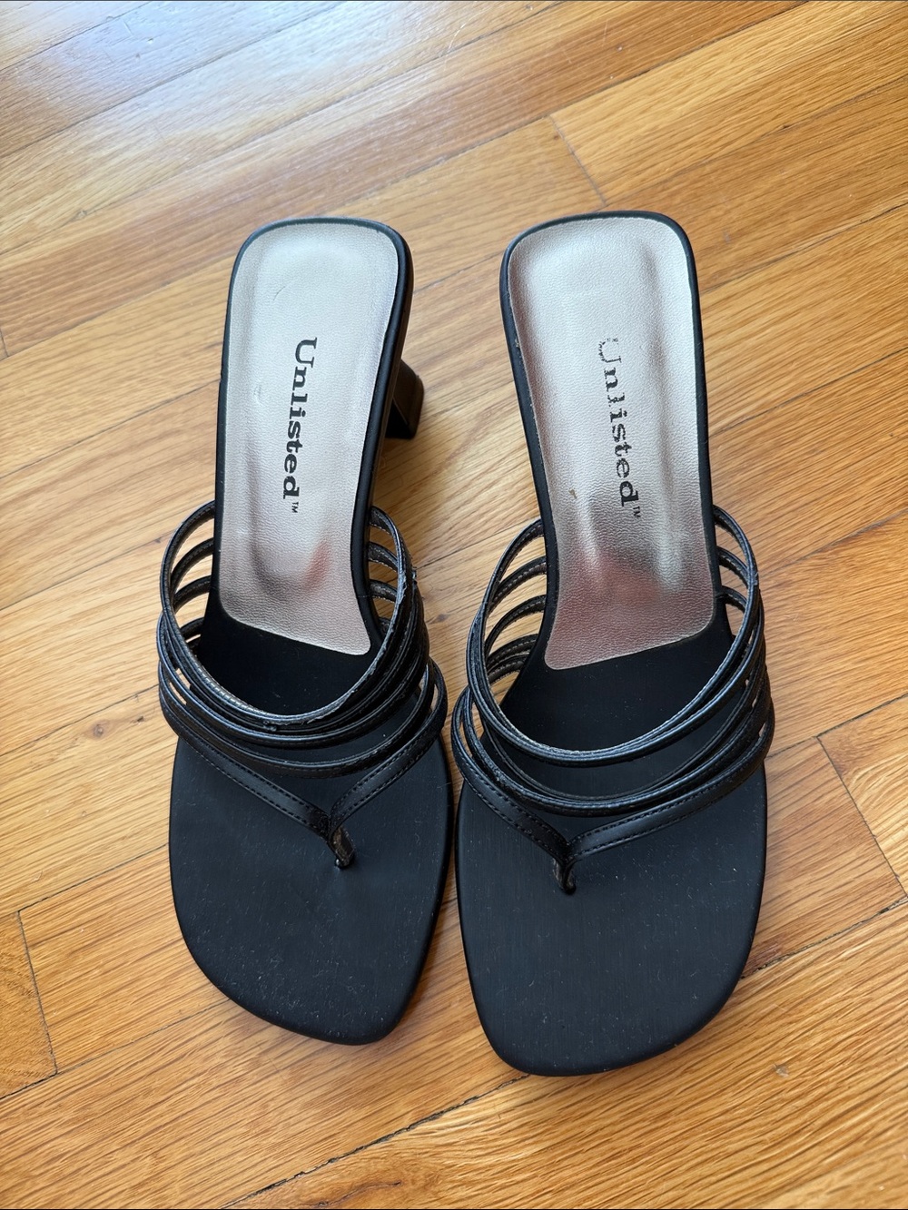 Unlisted Black Multi-Strap Square-Toe Kitten Heel Sandals